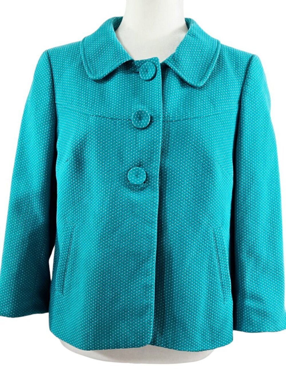 Ann Taylor Turquoise Aqua Dotted 3/4 Sleeve Jacket Retro Look Whimsical